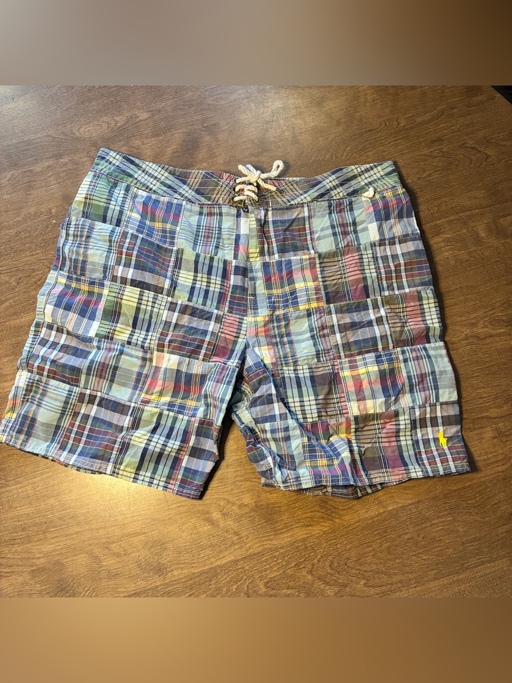 Polo Ralph Lauren Mens Patchwork Madras Plaid Swim Trunks Board Shorts Size 38